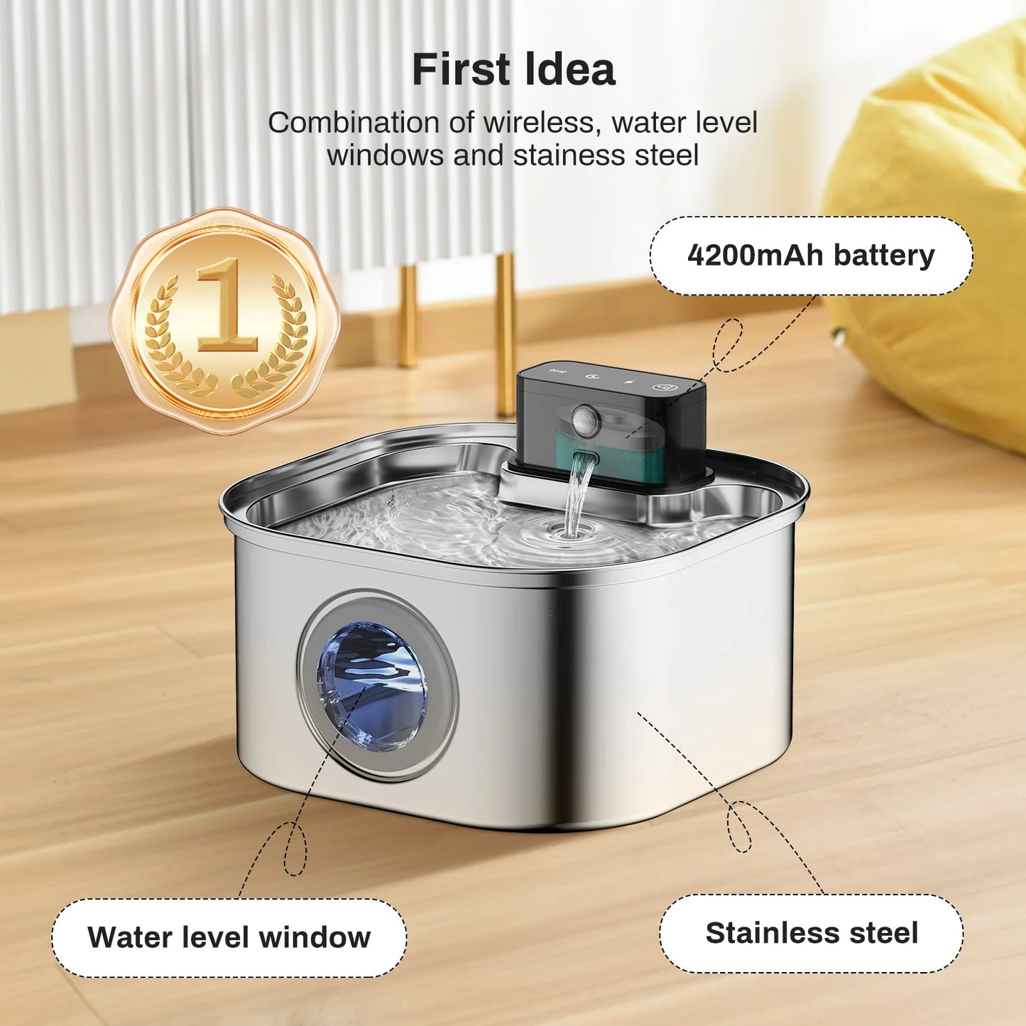 3.2L Stainless Steel Wireless Pet Water Fountain Battery Powered Motion Sensor Silent Filtered Cat and Dog Water Fountain
