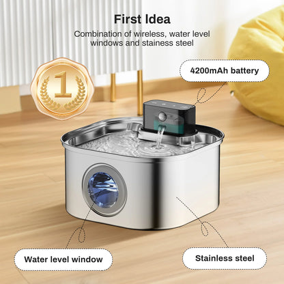 3.2L Stainless Steel Wireless Pet Water Fountain Battery Powered Motion Sensor Silent Filtered Cat and Dog Water Fountain