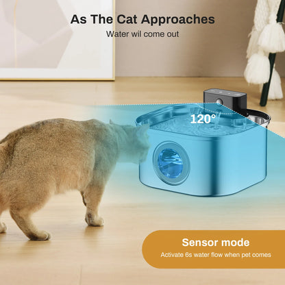 3.2L Stainless Steel Wireless Pet Water Fountain Battery Powered Motion Sensor Silent Filtered Cat and Dog Water Fountain