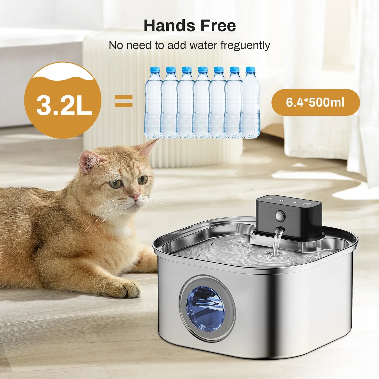 3.2L Stainless Steel Wireless Pet Water Fountain Battery Powered Motion Sensor Silent Filtered Cat and Dog Water Fountain